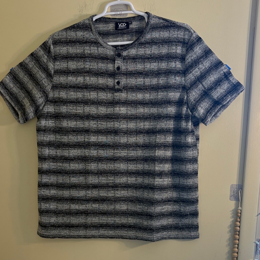 VOG Start Men’s Black & Gray Striped Short-Sleeve Henley Polo shirt XXL Textured